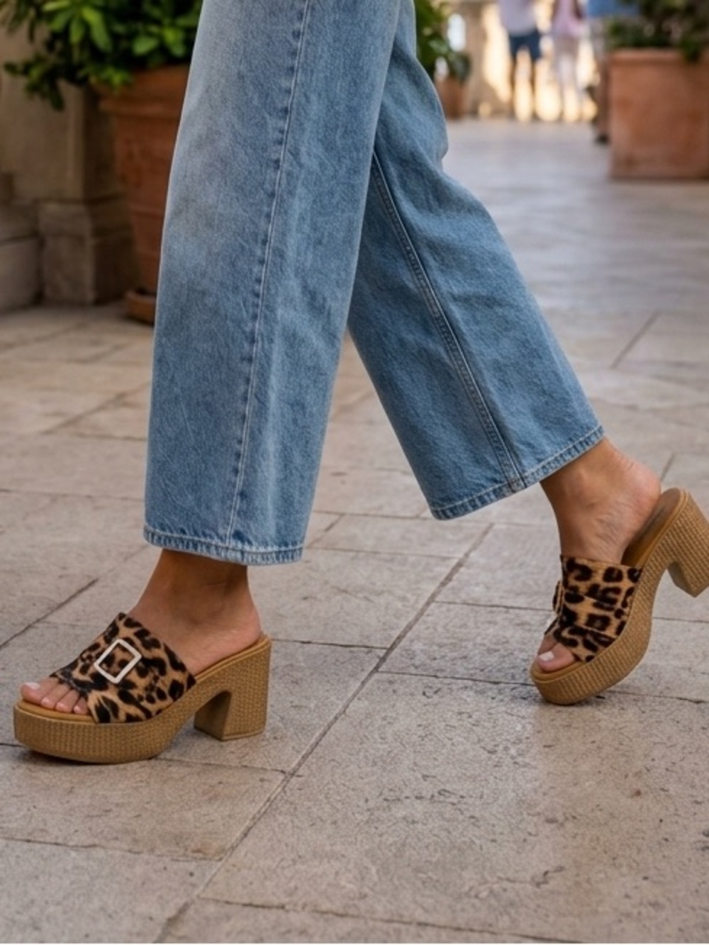 Leopard Print Platform Slide Sandal Heels